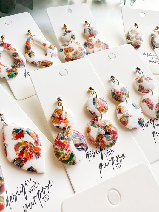 White Bright Rainbow Marble Earrings