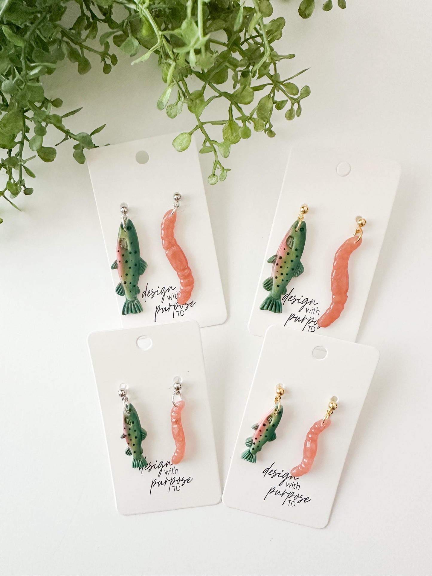 Rainbow Trout and Worm Earrings
