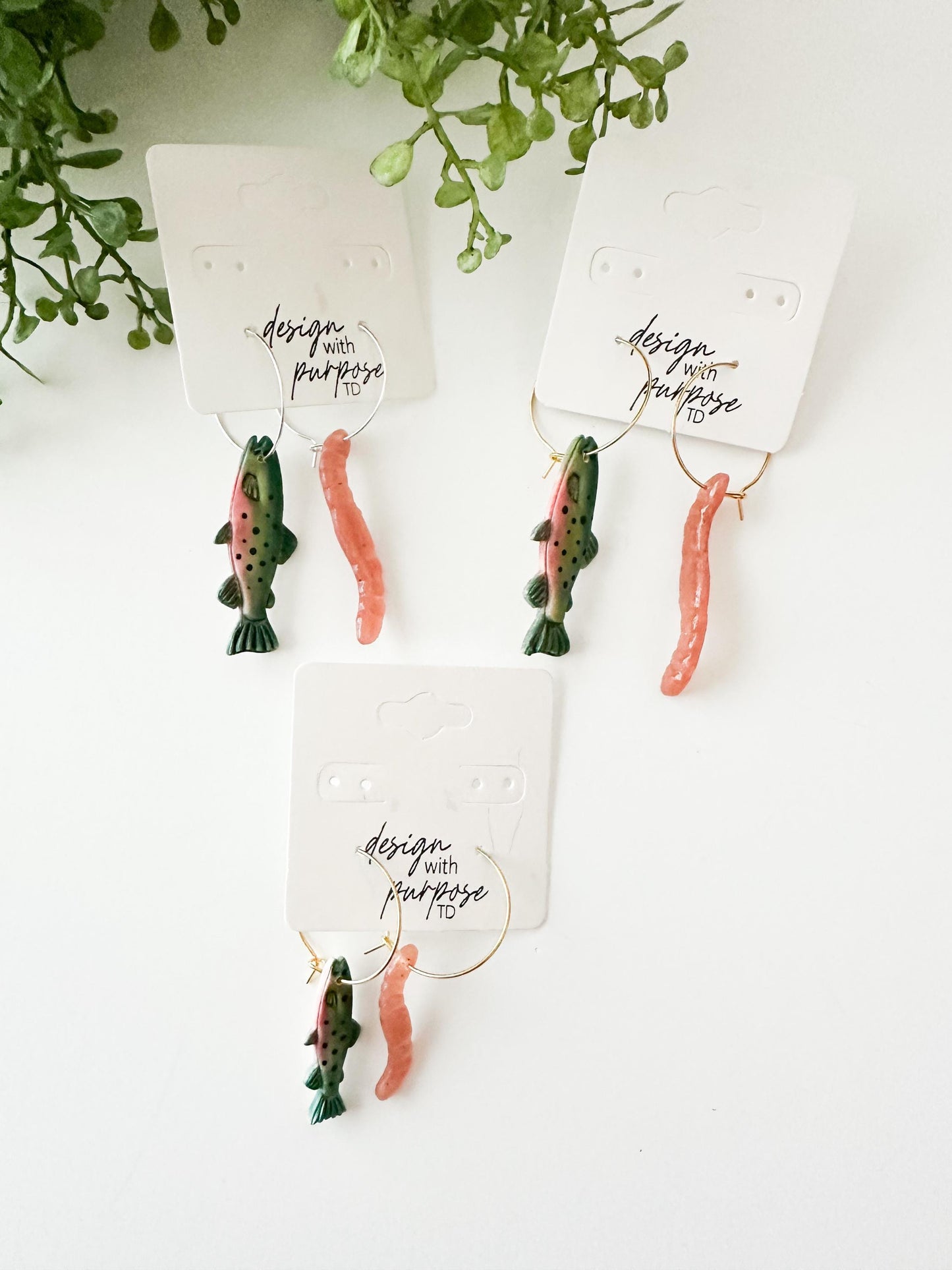 Rainbow Trout and Worm Earrings