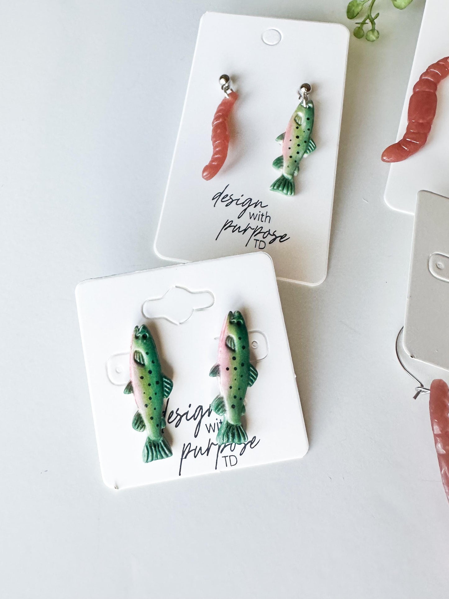 Rainbow Trout and Worm Earrings