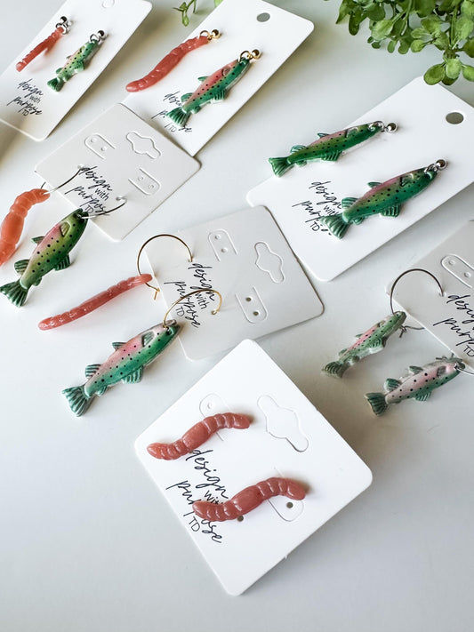 Rainbow Trout and Worm Earrings