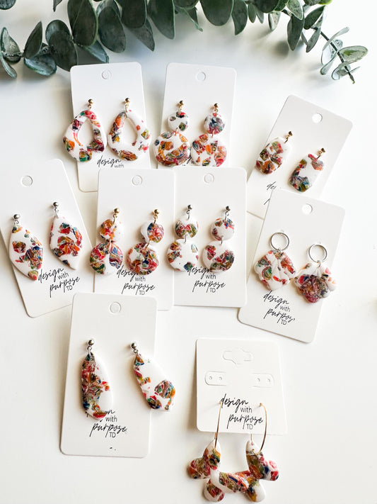 White Bright Rainbow Marble Earrings