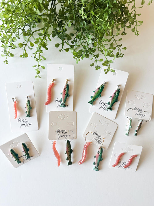 Rainbow Trout and Worm Earrings